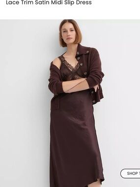 LOFT Satin Lace-Trim Slip Dress in Deep Brown